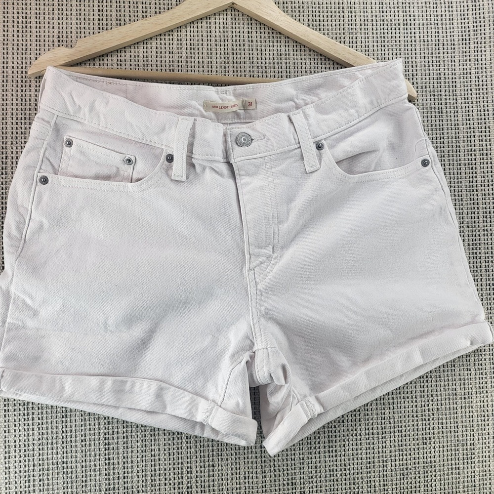 Levis Mid Length Shorts Womens 31‎ White Denim Cuffed Jean Shorts Casual